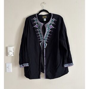 Bob Mackie Wearable Art Womens Plus Size 1X Embroidered Jacket Linen Black Blue